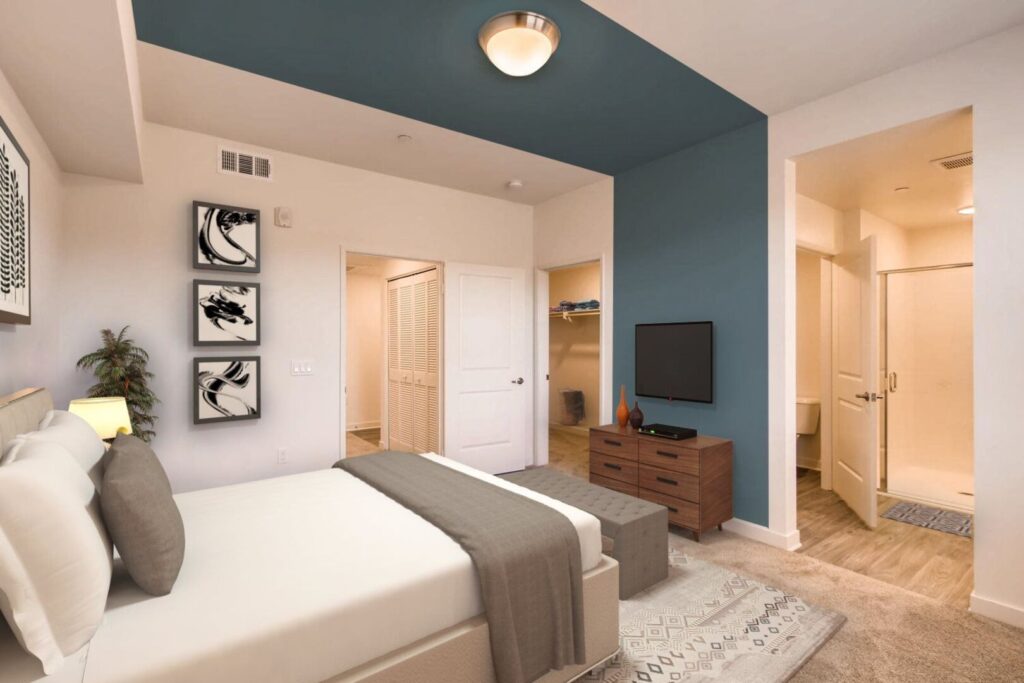 Bedroom with private bathroom at Ascent at Campus of Life apartments for rent in San Diego