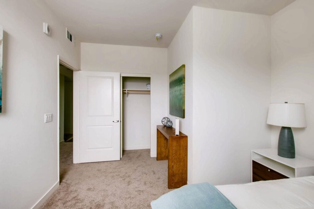 carpeted bedroom with sliding closet