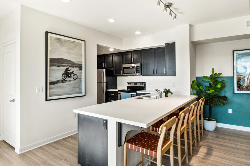 Kitchen with white counters, black cabinets, and stainless steel appliances, bar seating at the counter