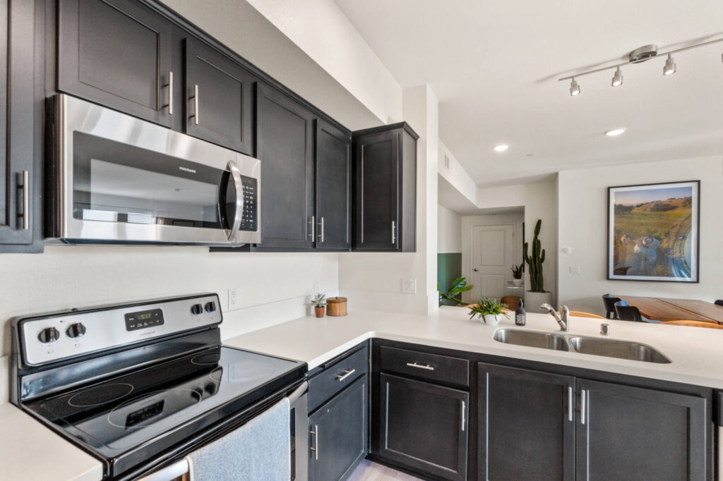 Kitchen with white counters, black cabinets, and stainless steel appliances
