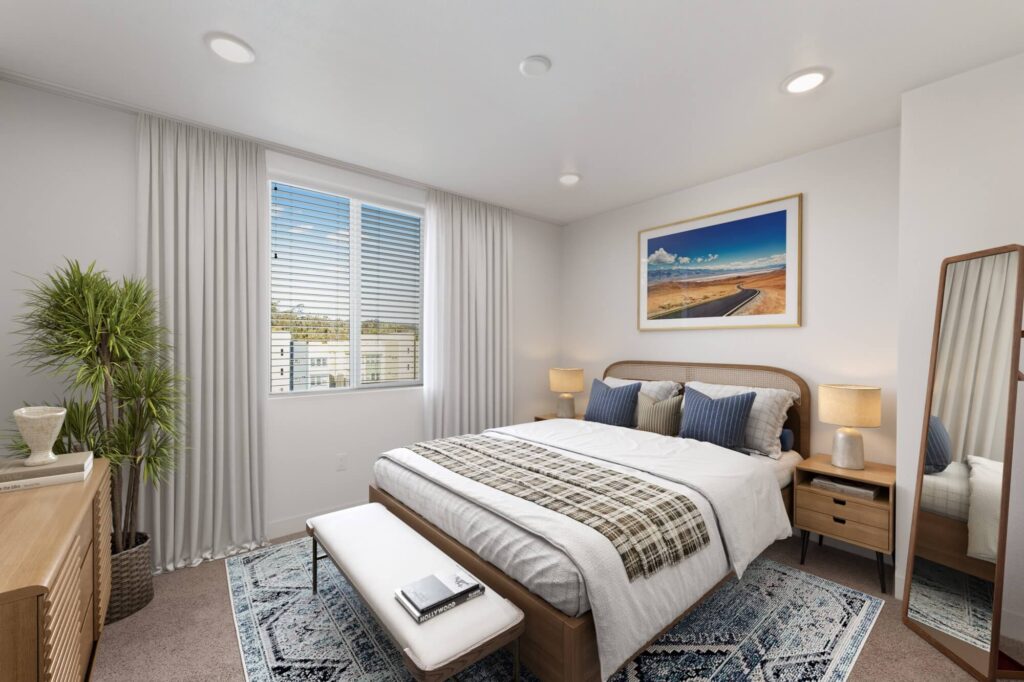 Bedroom with carpet flooring, natural lighting, wall decor, and large windows