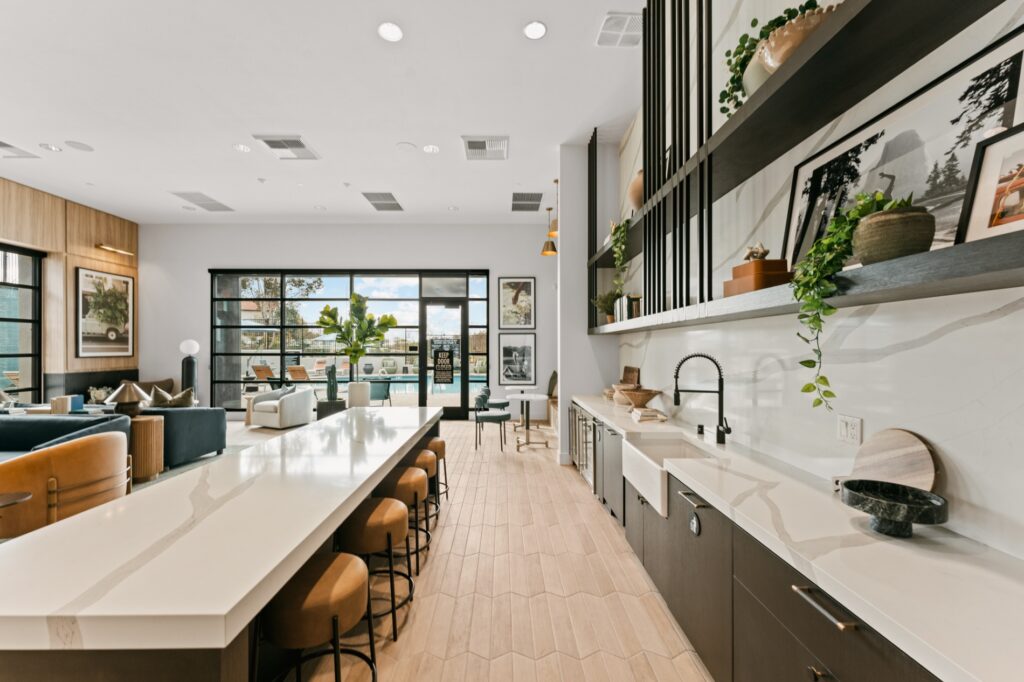 Dining and bar area at The Ascent at Campus of Life Scripps Ranch apartments